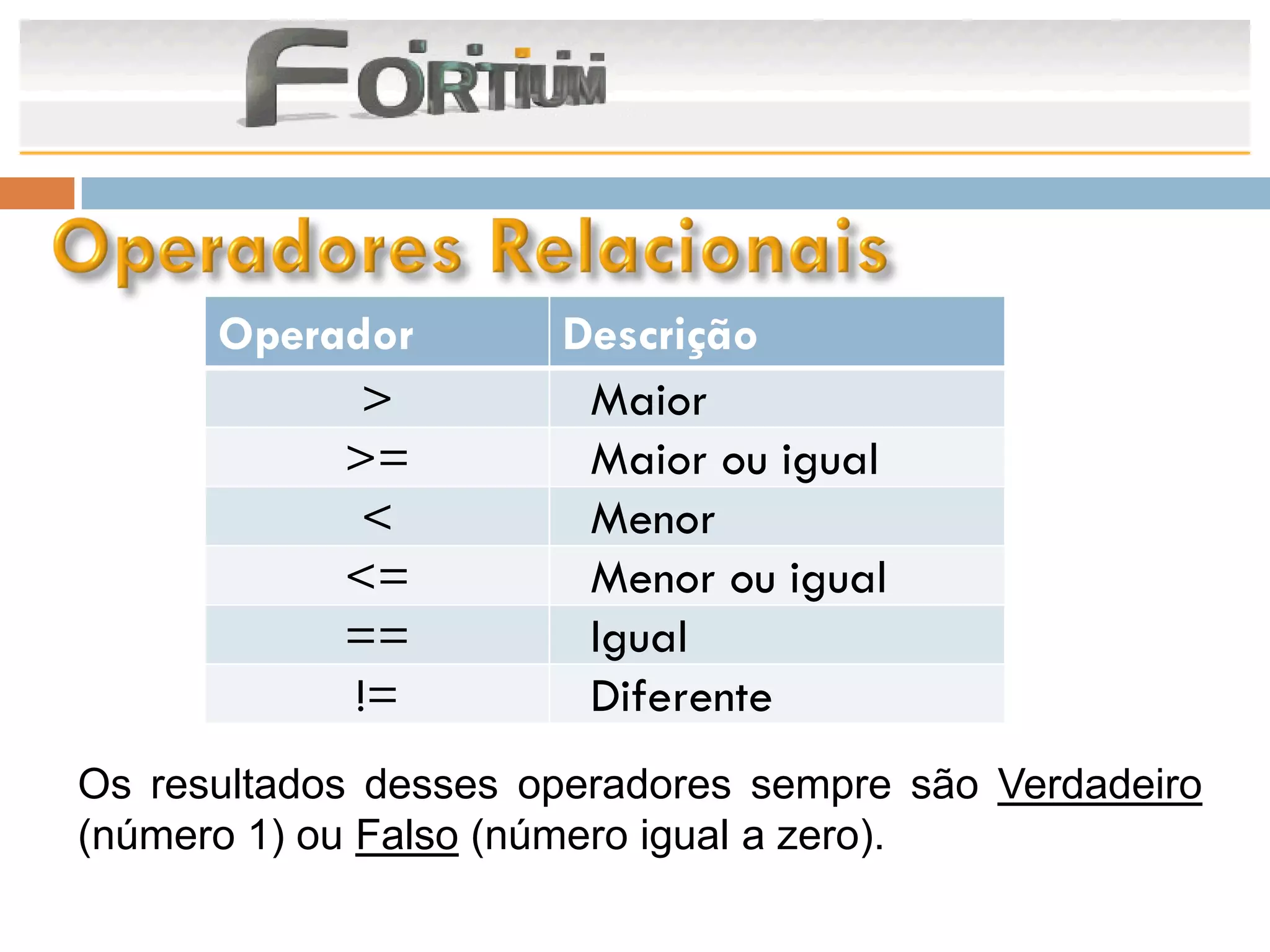 Operador        Descrição
            >          Maior
           >=          Maior ou igual
            <          Menor
           <=          Menor ou igual
           ==          Igual
           !=          Diferente
Os resultados desses operadores sempre são Verdadeiro
(número 1) ou Falso (número igual a zero).
 