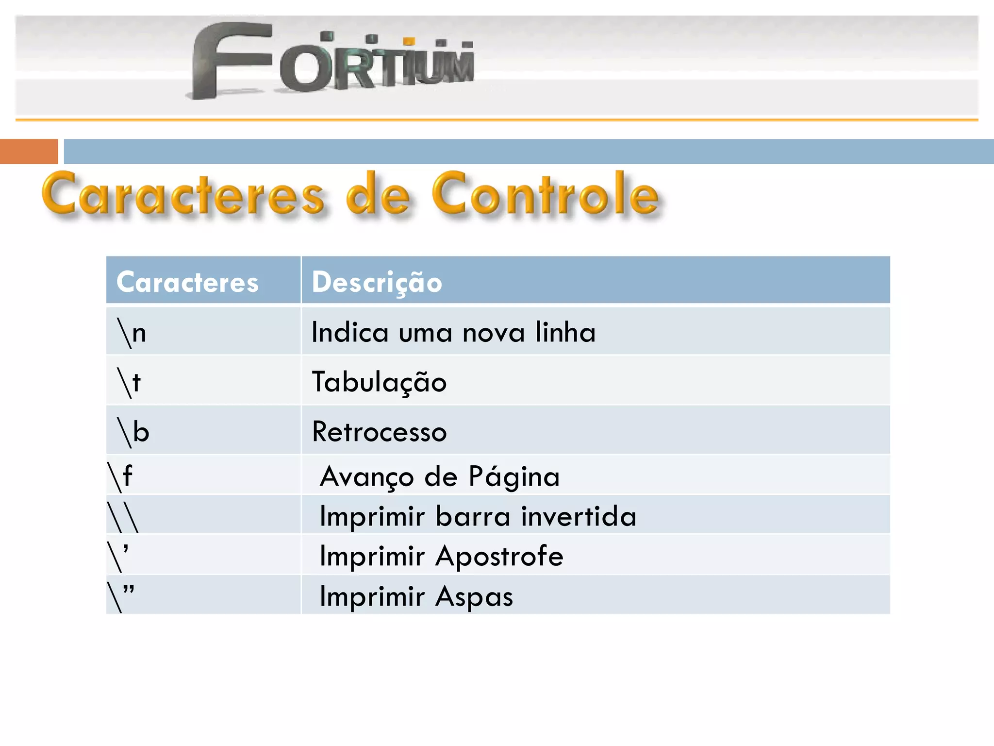 Caracteres   Descrição
n           Indica uma nova linha
t           Tabulação
 b          Retrocesso
f            Avanço de Página
            Imprimir barra invertida
’            Imprimir Apostrofe
”            Imprimir Aspas
 