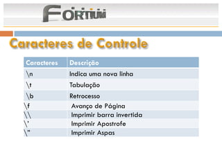 Caracteres   Descrição
n           Indica uma nova linha
t           Tabulação
 b          Retrocesso
f            Avanço de Página
            Imprimir barra invertida
’            Imprimir Apostrofe
”            Imprimir Aspas
 