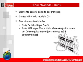 Conectividade - Hubs
◉ Elemento central da rede par trançado
◉ Camada física do modelo OSI
◉ Cascateamento de hubs
• Porta Serial – Regra 5‐4‐3
• Porta UTP específica – Hubs são enxergados como
um único equipamento (geralmente até 8
equipamentos)
 