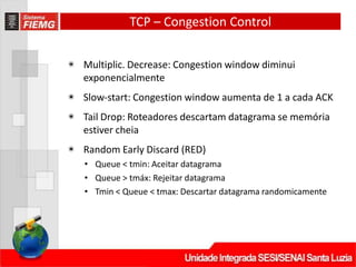 TCP – Congestion Control
◉ Multiplic. Decrease: Congestion window diminui
exponencialmente
◉ Slow‐start: Congestion window aumenta de 1 a cada ACK
◉ Tail Drop: Roteadores descartam datagrama se memória
estiver cheia
◉ Random Early Discard (RED)
• Queue < tmin: Aceitar datagrama
• Queue > tmáx: Rejeitar datagrama
• Tmin < Queue < tmax: Descartar datagrama randomicamente
 