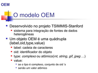O modelo OEM
 Desenvolvido no projeto TSIMMIS-Stanford
 sistema para integração de fontes de dados
heterogêneas
 Um objeto OEM é uma quádrupla
(label,oid,type,value)
 label: cadeia de caracteres
 oid: identificador do objeto
 type: complexo ou atômico(int, string, gif, jpeg …)
 value:

se o tipo é complexo, conjunto de oid ’s

senão um valor atômico
OEM
 