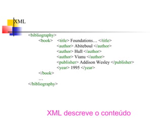 XML
bibliography
book title Foundations… /title
author Abiteboul /author
author Hull /author
author Vianu /author
publisher Addison Wesley /publisher
year 1995 /year
/book
…
/bibliography
XML descreve o conteúdo
 