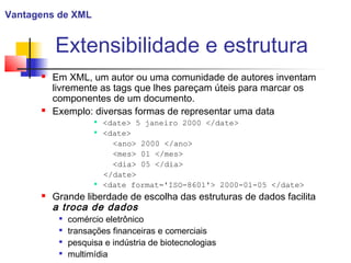 Extensibilidade e estrutura
 Em XML, um autor ou uma comunidade de autores inventam
livremente as tags que lhes pareçam úteis para marcar os
componentes de um documento.
 Exemplo: diversas formas de representar uma data

date 5 janeiro 2000 /date

date
ano 2000 /ano
mes 01 /mes
dia 05 /dia
/date

date format='ISO-8601' 2000-01-05 /date
 Grande liberdade de escolha das estruturas de dados facilita
a troca de dados

comércio eletrônico

transações financeiras e comerciais

pesquisa e indústria de biotecnologias

multimídia
Vantagens de XML
 