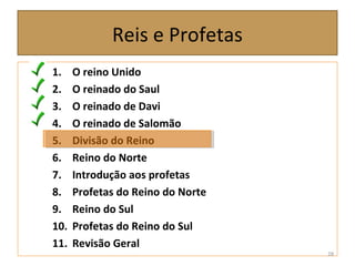 Reis e Profetas
1. O reino Unido
2. O reinado do Saul
3. O reinado de Davi
4. O reinado de Salomão
5. Divisão do Reino
6. Reino do Norte
7. Introdução aos profetas
8. Profetas do Reino do Norte
9. Reino do Sul
10. Profetas do Reino do Sul
11. Revisão Geral
28
 