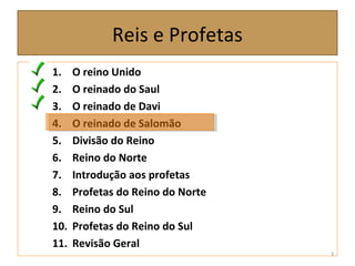 Reis e Profetas
1. O reino Unido
2. O reinado do Saul
3. O reinado de Davi
4. O reinado de Salomão
5. Divisão do Reino
6. Reino do Norte
7. Introdução aos profetas
8. Profetas do Reino do Norte
9. Reino do Sul
10. Profetas do Reino do Sul
11. Revisão Geral
3
 