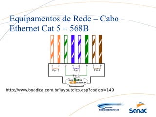 Equipamentos de Rede – Cabo
Ethernet Cat 5 – 568B
http://www.boadica.com.br/layoutdica.asp?codigo=149
 