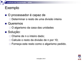 Instituto de Computação – UFAL
Exemplo
 O processador é capaz de
 Determinar o resto de uma divisão inteira
 Queremos
 O algarismo da casa das unidades
 Solução:
 Chame de n o inteiro dado;
 Calcule o resto da divisão de n por 10;
 Forneça este resto como o algarismo pedido.
rodrigo@ic.ufal.br
 