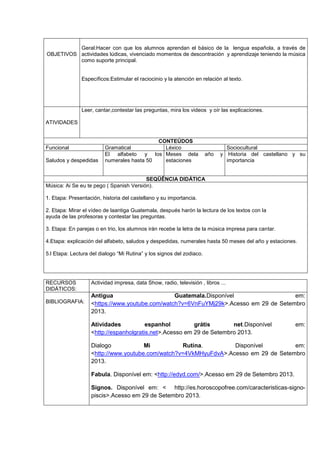 OBJETIVOS
Geral:Hacer con que los alumnos aprendan el básico de la lengua española, a través de
actividades lúdicas, vivenciado momentos de descontración y aprendizaje teniendo la música
como suporte principal.
Específicos:Estimular el raciocinio y la atención en relación al texto.
ATIVIDADES
Leer, cantar,contestar las preguntas, mira los videos y oír las explicaciones.
CONTEÚDOS
Funcional Gramatical Léxico Sociocultural
Saludos y despedidas
El alfabeto y los
numerales hasta 50
Meses dela año y
estaciones
Historia del castellano y su
importancia
SEQÜÊNCIA DIDÁTICA
Música: Ai Se eu te pego ( Spanish Versión).
1. Etapa: Presentación, historia del castellano y su importancia.
2. Etapa: Mirar el vídeo de laantiga Guatemala, después harón la lectura de los textos con la
ayuda de las profesoras y contestar las preguntas.
3. Etapa: En parejas o en trio, los alumnos irán recebe la letra de la música impresa para cantar.
4.Etapa: explicación del alfabeto, saludos y despedidas, numerales hasta 50 meses del año y estaciones.
5.l Etapa: Lectura del dialogo “Mi Rutina” y los signos del zodiaco.
RECURSOS
DIDÁTICOS:
Actividad impresa, data Show, radio, televisión , libros ...
BIBLIOGRAFIA:
Antigua Guatemala.Disponível em:
<https://www.youtube.com/watch?v=6VnFuYMj29k>.Acesso em 29 de Setembro
2013.
Atividades espanhol grátis net.Disponível em:
<http://espanholgratis.net>.Acesso em 29 de Setembro 2013.
Dialogo Mi Rutina. Disponível em:
<http://www.youtube.com/watch?v=4VkMHyuFdvA>.Acesso em 29 de Setembro
2013.
Fabula. Disponível em: <http://edyd.com/>.Acesso em 29 de Setembro 2013.
Signos. Disponível em: < http://es.horoscopofree.com/caracteristicas-signo-
piscis>.Acesso em 29 de Setembro 2013.
 