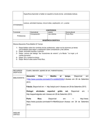 Específicos:Aprender a hablar en español a través de las actividades lúdicas.
ATIVIDADES
Lectura, actividad impresa, mira el video, explicación, oír y cantar.
CONTEÚDOS
Funcional Gramatical Léxico Sociocultural
Profesiones
Comparación. Las colores Porto Rico
SEQÜÊNCIA DIDÁTICA
Música:Alexandre Pires-Maldito El Tiempo
1- Etapa:Hablar sobre los nombres de las profesiones, saber se loa alumnos ya tienes
una profesión para seguir y explicación sobre comparación y las colores.
2- Etapa: Actividad impresa y coerción.
3- Etapa: Lectura del dialogo “las Vocaciones de verano” y la fábula “ la mujer y el
marido borracho”.
4- Etapa: Oír y cantar la música.
5- Etapa: Mira el video sobre Porto Rico.
RECURSOS
DIDÁTICOS:
Cuadro, televisión, apárelo de son, material impreso...
BIBLIOGRAFIA:
Alexandre Pires - Maldito el tempo. Disponível em:
<http://www.youtube.com/watch?v=utJb6zICOAU>.Acesso em 29 de Setembro
2013.
Fabula. Disponível em: < http://edyd.com/>.Acesso em 29 de Setembro 2013.
Dialogo atividades espanhol grátis net. Disponível em: <
http://espanholgratis.net>.Acesso em 29 de Setembro 2013.
Porto Rico. Disponível em: < http://www.
https://www.youtube.com/watch?v=MoK5d-jtuos>.Acesso em 29 de Setembro
2013.
ANÁLISE
CRÍTICA
 