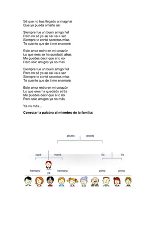 Sé que no has llegado a imaginar
Que yo pueda amarte así
Siempre fue un buen amigo fiel
Pero no sé ya se así va a ser
Siempre te conté secretos míos
Te cuento que de ti me enamoré
Este amor entro en mi corazón
Lo que eres se ha quedado atrás
Me puedes decir que sí o no
Pero solo amigos ya no más
Siempre fue un buen amigo fiel
Pero no sé ya se así va a ser
Siempre te conté secretos míos
Te cuento que de ti me enamoré
Este amor entro en mi corazón
Lo que eres ha quedado atrás
Me puedes decir que sí o no
Pero solo amigos ya no más
Ya no más...
Conectar la palabra al miembro de la familia:
 