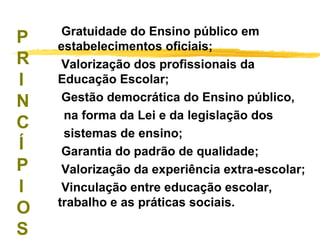 P
R
I
N
C
Í
P
I
O
S

Gratuidade do Ensino público em
estabelecimentos oficiais;
Valorização dos profissionais da
Educação Escolar;
Gestão democrática do Ensino público,
na forma da Lei e da legislação dos
sistemas de ensino;
Garantia do padrão de qualidade;
Valorização da experiência extra-escolar;
Vinculação entre educação escolar,
trabalho e as práticas sociais.

 