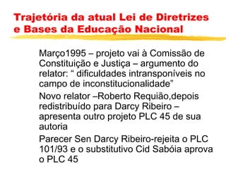 Trajetória da atual Lei de Diretrizes
e Bases da Educação Nacional
Março1995 – projeto vai à Comissão de
Constituição e Justiça – argumento do
relator: “ dificuldades intransponíveis no
campo de inconstitucionalidade”
Novo relator –Roberto Requião,depois
redistribuído para Darcy Ribeiro –
apresenta outro projeto PLC 45 de sua
autoria
Parecer Sen Darcy Ribeiro-rejeita o PLC
101/93 e o substitutivo Cid Sabóia aprova
o PLC 45

 