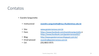 Contatos
• Evandro Sanguinetto
• Institucional: evandro.sanguinetto@muz.ifsuldeminas.edu.br
• Site: www.gaiaterranova.com.br
• Face: https://www.facebook.com/evandrosanguinetto e
https://www.facebook.com/gaiaterranova2017
• Blog: http://www.gaiaterranova.blogspot.com.br/
• Email pessoal: evandro@gaiaterranova.com.br
• Cel: (35) 8815-0571
Evandro Sanguinetto - 2013 39
 