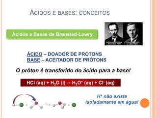 ÁCIDOS E BASES: CONCEITOS
Ácidos e Bases de Brønsted-Lowry
ÁCIDO – DOADOR DE PRÓTONS
BASE – ACEITADOR DE PRÓTONS
HCl (aq) + H2O (l) → H3O+ (aq) + Cl- (aq)
O próton é transferido do ácido para a base!
H+ não existe
isoladamente em água!
 