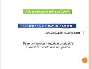 Ácidos e Bases de Brønsted-Lowry
HCN (aq) + H2O (l) ⇌ H3O+ (aq) + CN- (aq)
Base conjugada do ácido HCN
Base conjugada – espécie produzida
quando um ácido doa um próton
 