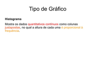Tipo de Gráfico
Histograma
Mostra os dados quantitativos contínuos como colunas
justapostas, no qual a altura de cada uma é proporcional à
frequência.
 