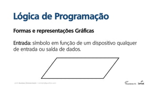 prof. Gustavo Zimmermann | contato@gust4vo.com
Formas e representações Gráficas
Entrada: símbolo em função de um dispositivo qualquer
de entrada ou saída de dados.
Lógica de Programação
 
