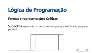 prof. Gustavo Zimmermann | contato@gust4vo.com
Formas e representações Gráficas
Sub-rotina: representa um trecho de instruções que está fora do programa
principal.
Lógica de Programação
 