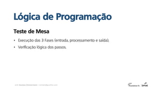 prof. Gustavo Zimmermann | contato@gust4vo.com
• Execução das 3 Fases (entrada, processamento e saída);
• Verificação lógica dos passos.
Teste de Mesa
Lógica de Programação
 