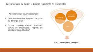 Gerenciamento de Custos = Criação e utilização de ferramentas 
As Ferramentas Devem responder: 
 Qual tipo de análise desejada? De curto 
ou de longo prazo? 
 O que pretende custear? Produtos? 
Canais de Distribuição? Regiões de 
atendimento ou Clientes? 
Sistema de 
Distribuição? 
Tudo?? 
Custos de 
Estoque? 
FOCO NO GERENCIAMENTO 
 