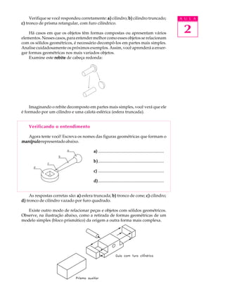 A U L A 
2 
Verifique se você respondeu corretamente: a) cilindro; b) cilindro truncado; 
c) tronco de prisma retangular, com furo cilíndrico. 
Há casos em que os objetos têm formas compostas ou apresentam vários 
elementos. Nesses casos, para entender melhor como esses objetos se relacionam 
com os sólidos geométricos, é necessário decompô-los em partes mais simples. 
Analise cuidadosamente os próximos exemplos. Assim, você aprenderá a enxer-gar 
formas geométricas nos mais variados objetos. 
Examine este rebite de cabeça redonda: 
Imaginando o rebite decomposto em partes mais simples, você verá que ele 
é formado por um cilindro e uma calota esférica (esfera truncada). 
Verificando o entendimento 
Agora tente você! Escreva os nomes das figuras geométricas que formam o 
manípulo representado abaixo. 
a) ............................................................... 
b) ............................................................... 
c) ............................................................... 
d) ............................................................... 
As respostas corretas são: a) esfera truncada; b) tronco de cone; c) cilindro; 
d) tronco de cilindro vazado por furo quadrado. 
Existe outro modo de relacionar peças e objetos com sólidos geométricos. 
Observe, na ilustração abaixo, como a retirada de formas geométricas de um 
modelo simples (bloco prismático) da origem a outra forma mais complexa. 
 