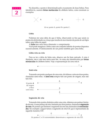 A U L A 
2 
No desenho, o ponto é determinado pelo cruzamento de duas linhas. Para 
identificá-lo, usamos letras maiúsculas do alfabeto latino, como mostram os 
exemplos: 
A B C 
s 
s 
r 
s 
s 
A s 
s 
s 
A 
A 
s 
s 
C D t 
O ponto A 
dá origem 
a duas 
semi-retas. 
Lê-se: ponto A, ponto B e ponto C. 
Linha 
Podemos ter uma idéia do que é linha, observando os fios que unem os 
postes de eletricidade ou o traço que resulta do movimento da ponta de um lápis 
sobre uma folha de papel. 
A linha tem uma única dimensão: o comprimento. 
Você pode imaginar a linha como um conjunto infinito de pontos dispostos 
sucessivamente. O deslocamento de um ponto também gera uma linha. 
Linha reta ou reta 
Para se ter a idéia de linha reta, observe um fio bem esticado. A reta é 
ilimitada, isto é, não tem início nem fim. As retas são identificadas por letras 
minúsculas do alfabeto latino. Veja a representação da uma reta r: 
Semi-reta 
Tomando um ponto qualquer de uma reta, dividimos a reta em duas partes, 
chamadas semi-retas. A semi-reta sempre tem um ponto de origem, mas não 
tem fim. 
Segmento de reta 
Tomando dois pontos distintos sobre uma reta, obtemos um pedaço limita-do 
de reta. A esse pedaço de reta, limitado por dois pontos, chamamos segmento 
de reta. Os pontos que limitam o segmento de reta são chamados de extremida-des. 
No exemplo a seguir temos o segmento de reta CD, que é representado da 
seguinte maneira: CD. 
Os pontos C e D (extremidades) determinam o segmento de reta CD. 
 