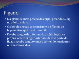Fígado
 É a glândula mais pesada do corpo, pesando 1,4 kg
no adulto médio.
 Os lóbulos hepáticos consistem de fileiras de
hepatócitos, que produzem bile.
 Recebe sangue de 2 fontes: da artéria hepática
própria obtém sangue arterial e da veia porta do
fígado recebe sangue venoso contendo nutrientes
recém-absorvidos.
 