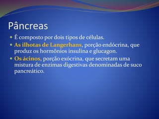 Pâncreas
 É composto por dois tipos de células.
 As ilhotas de Langerhans, porção endócrina, que
produz os hormônios insulina e glucagon.
 Os ácinos, porção exócrina, que secretam uma
mistura de enzimas digestivas denominadas de suco
pancreático.
 