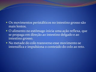  Os movimentos peristálticos no intestino grosso são
mais lentos.
 O alimento no estômago inicia uma ação reflexa, que
se propaga em direção ao intestino delgado e ao
intestino grosso.
 Na metade do colo transverso esse movimento se
intensifica e impulsiona o conteúdo do colo ao reto.
 