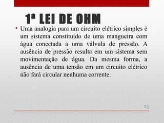 • Uma analogia para um circuito elétrico simples é
um sistema constituído de uma mangueira com
água conectada a uma válvula de pressão. A
ausência de pressão resulta em um sistema sem
movimentação de água. Da mesma forma, a
ausência de uma tensão em um circuito elétrico
não fará circular nenhuma corrente.
1ª LEI DE OHM
13
 