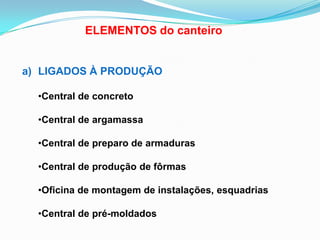 ELEMENTOS do canteiro
a) LIGADOS À PRODUÇÃO
•Central de concreto
•Central de argamassa
•Central de preparo de armaduras
•Central de produção de fôrmas
•Oficina de montagem de instalações, esquadrias
•Central de pré-moldados
 
