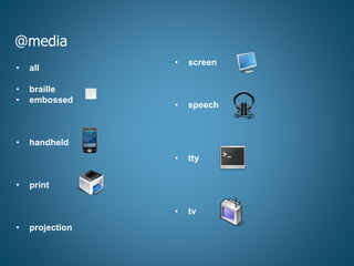 @media
• all
• braille
• embossed
• handheld
• print
• projection
• screen
• speech
• tty
• tv
 