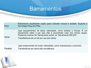 PS/2
Barramento atualmente usado para conectar mouse e teclado. Suporta a
tecnologia Plug and Play.
Serial
Liga equipamentos de baixa velocidade, como teclado e mouse. É um
barramento velho e por isso não é encontrado mais nos micros atuais.
Podemos chamar de “barramento serial” ou “barramento RS-232”.
Transferência de um bit por vez (em série)
Paralelo
Liga componentes de maior velocidade, como impressoras e scanners.
Transferência de vários bits simultâneos
Barramentos
 