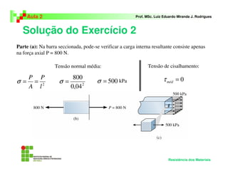 Solução do Exercício 2
Aula 2 Prof. MSc. Luiz Eduardo Miranda J. Rodrigues
Resistência dos Materiais
Parte (a): Na barra seccionada, pode-se verificar a carga interna resultante consiste apenas
na força axial P = 800 N.
Tensão normal média:
0=médτ
2
l
P
A
P
==σ kPa
2
04,0
800
=σ 500=σ
Tensão de cisalhamento:
 