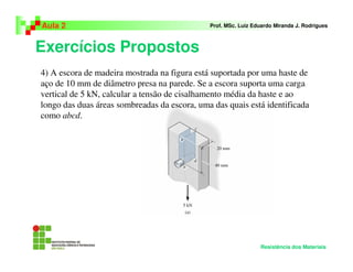 Exercícios Propostos
Aula 2 Prof. MSc. Luiz Eduardo Miranda J. Rodrigues
Resistência dos Materiais
4) A escora de madeira mostrada na figura está suportada por uma haste de
aço de 10 mm de diâmetro presa na parede. Se a escora suporta uma carga
vertical de 5 kN, calcular a tensão de cisalhamento média da haste e ao
longo das duas áreas sombreadas da escora, uma das quais está identificada
como abcd.
 