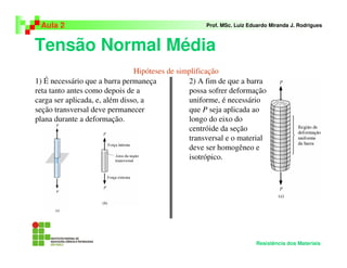 Tensão Normal Média
Aula 2 Prof. MSc. Luiz Eduardo Miranda J. Rodrigues
Resistência dos Materiais
Hipóteses de simplificação
1) É necessário que a barra permaneça
reta tanto antes como depois de a
carga ser aplicada, e, além disso, a
seção transversal deve permanecer
plana durante a deformação.
2) A fim de que a barra
possa sofrer deformação
uniforme, é necessário
que P seja aplicada ao
longo do eixo do
centróide da seção
transversal e o material
deve ser homogêneo e
isotrópico.
 