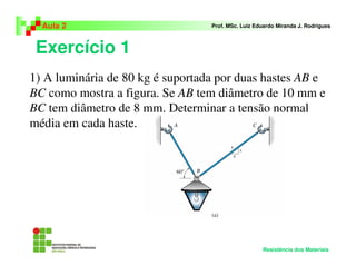 Exercício 1
Aula 2 Prof. MSc. Luiz Eduardo Miranda J. Rodrigues
Resistência dos Materiais
1) A luminária de 80 kg é suportada por duas hastes AB e
BC como mostra a figura. Se AB tem diâmetro de 10 mm e
BC tem diâmetro de 8 mm. Determinar a tensão normal
média em cada haste.
 