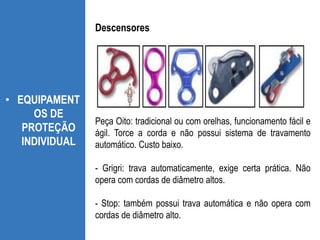 • EQUIPAMENT
OS DE
PROTEÇÃO
INDIVIDUAL
Peça Oito: tradicional ou com orelhas, funcionamento fácil e
ágil. Torce a corda e não possui sistema de travamento
automático. Custo baixo.
- Grigri: trava automaticamente, exige certa prática. Não
opera com cordas de diâmetro altos.
- Stop: também possui trava automática e não opera com
cordas de diâmetro alto.
Descensores
 