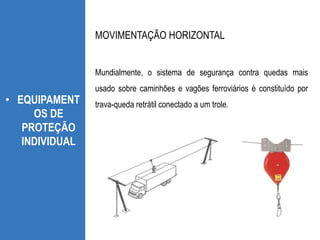 • EQUIPAMENT
OS DE
PROTEÇÃO
INDIVIDUAL
Mundialmente, o sistema de segurança contra quedas mais
usado sobre caminhões e vagões ferroviários é constituído por
trava-queda retrátil conectado a um trole.
MOVIMENTAÇÃO HORIZONTAL
 