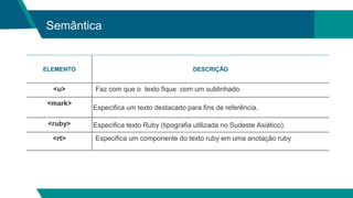 Semântica
ELEMENTO DESCRIÇÃO
<u> Faz com que o texto fique com um sublinhado.
<mark>
Especifica um texto destacado para fins de referência.
<ruby> Especifica texto Ruby (tipografia utilizada no Sudeste Asiático).
<rt> Especifica um componente do texto ruby em uma anotação ruby
 