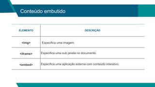 Conteúdo embutido
ELEMENTO DESCRIÇÃO
<img> Especifica uma imagem.
<iframe> Especifica uma sub janela no documento.
<embed> Especifica uma aplicação externa com conteúdo interativo.
 