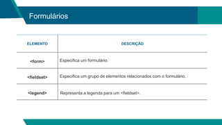 Formulários
ELEMENTO DESCRIÇÃO
<form> Especifica um formulário.
<fieldset> Especifica um grupo de elementos relacionados com o formulário.
<legend> Representa a legenda para um <fieldset>.
 
