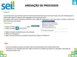 ANEXAÇÃO DE PROCESSOS
O que é?
É uma ferramenta que permite juntar de maneira permanente processos do mesmo tipo, uma vez verificado que as
informações devem ou podem estar agregadas em um processo único.
O processo mais novo é anexado ao processo mais antigo, de modo que o mais novo passa a compor a árvore de
documentos do mais antigo.
Como fazer?
1. Clique no número do processo principal;
2. Clique no botão
3. Digite o número do processo que será anexado;
4. Clique em “Pesquisar”;
5. Após o sistema confirmar a existência do processo, clique em “Adicionar”.
Dicas:
- Uma vez anexado o processo acessório, não será mais possível inserir documentos nele.
- O processo a ser anexado deve estar aberto somente na unidade que efetuará a operação e não pode ter
processos anexos a ele.
 