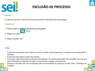 EXCLUSÃO DE PROCESSO
O que é?
É a ação que permite a exclusão de processos abertos indevidamente pela unidade.
Como fazer?
1. Clique sobre o número do processo desejado;
2. Clique no ícone
3. Clique no botão “OK”
Dicas:
- O processo não poderá estar aberto em outra unidade, além da geradora: o simples envio impossibilita a
exclusão.
- O processo não poderá conter documentos.
- O processo possui documentos externos e/ou gerados no sistemas que podem ser excluídos: permite que
sejam efetuadas as exclusões de todos os documentos e depois a do processo.
- Processos excluídos não são recuperados pela funcionalidade de pesquisa ou pelo menu “Estatística da
Unidade”.
 