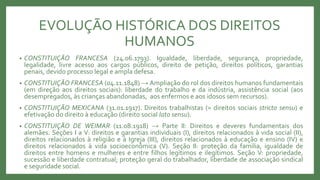 EVOLUÇÃO HISTÓRICA DOS DIREITOS
HUMANOS
• CONSTITUIÇÃO FRANCESA (24.06.1793). Igualdade, liberdade, segurança, propriedade,
legalidade, livre acesso aos cargos públicos, direito de petição, direitos políticos, garantias
penais, devido processo legal e ampla defesa.
• CONSTITUIÇÃO FRANCESA (04.11.1848) → Ampliação do rol dos direitos humanos fundamentais
(em direção aos direitos sociais): liberdade do trabalho e da indústria, assistência social (aos
desempregados, às crianças abandonadas, aos enfermos e aos idosos sem recursos).
• CONSTITUIÇÃO MEXICANA (31.01.1917). Direitos trabalhistas (= direitos sociais stricto sensu) e
efetivação do direito à educação (direito social lato sensu).
• CONSTITUIÇÃO DE WEIMAR (11.08.1918) → Parte II: Direitos e deveres fundamentais dos
alemães. Seções I a V: direitos e garantias individuais (I), direitos relacionados à vida social (II),
direitos relacionados à religião e à Igreja (III), direitos relacionados à educação e ensino (IV) e
direitos relacionados à vida socioeconômica (V). Seção II: proteção da família, igualdade de
direitos entre homens e mulheres e entre filhos legítimos e ilegítimos. Seção V: propriedade,
sucessão e liberdade contratual; proteção geral do trabalhador, liberdade de associação sindical
e seguridade social.
 