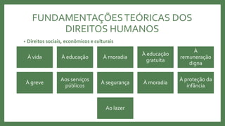 FUNDAMENTAÇÕESTEÓRICAS DOS
DIREITOS HUMANOS
• Direitos sociais, econômicos e culturais
À vida À educação À moradia
À educação
gratuita
À
remuneração
digna
À greve
Aos serviços
públicos
À segurança À moradia
À proteção da
infância
Ao lazer
 
