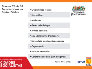 •	Credibilidade técnica
•	Carismático
•	Motivador
•	Gosto pelo diálogo
•	Atitude decisória
•	Empoderamento (“delegar”)
•	Serenidade em situações extremas
•	Organização
•	Foco em resultados
•	Caráter nacionalista (sem exageros)
Quadro 02: As 10
Características do
Gestor Público
Fonte: Alves (FDC)
 