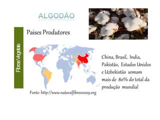 Paises Produtores
FibrasVegetais
Fonte: http://www.naturalfibres2009.org
China, Brasil, India,
Pakistão, Estados Unidos
e Uzbekistão somam
mais de 80% do total da
produção mundial
 