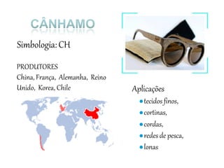 Simbologia:CH
PRODUTORES
China, França, Alemanha, Reino
Unido, Korea, Chile Aplicações
●tecidos finos,
●cortinas,
●cordas,
●redes de pesca,
●lonas
 
